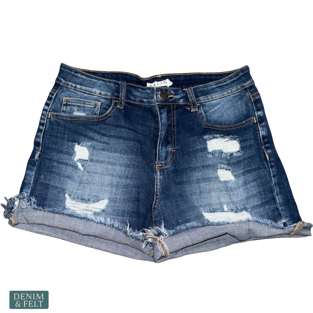 Cello Distressed Denim Shorts‎ Mid Rise Cuffed Hem Blue WV45225BF-DKD2 Medium M